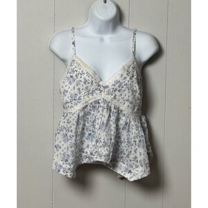 Hollister Women's Blue Floral Lace Trim Babydoll Cami Top Smocked Back Sz Medium